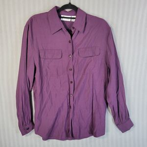vintage joanna womens button front blouse top large purple long sleeve classic